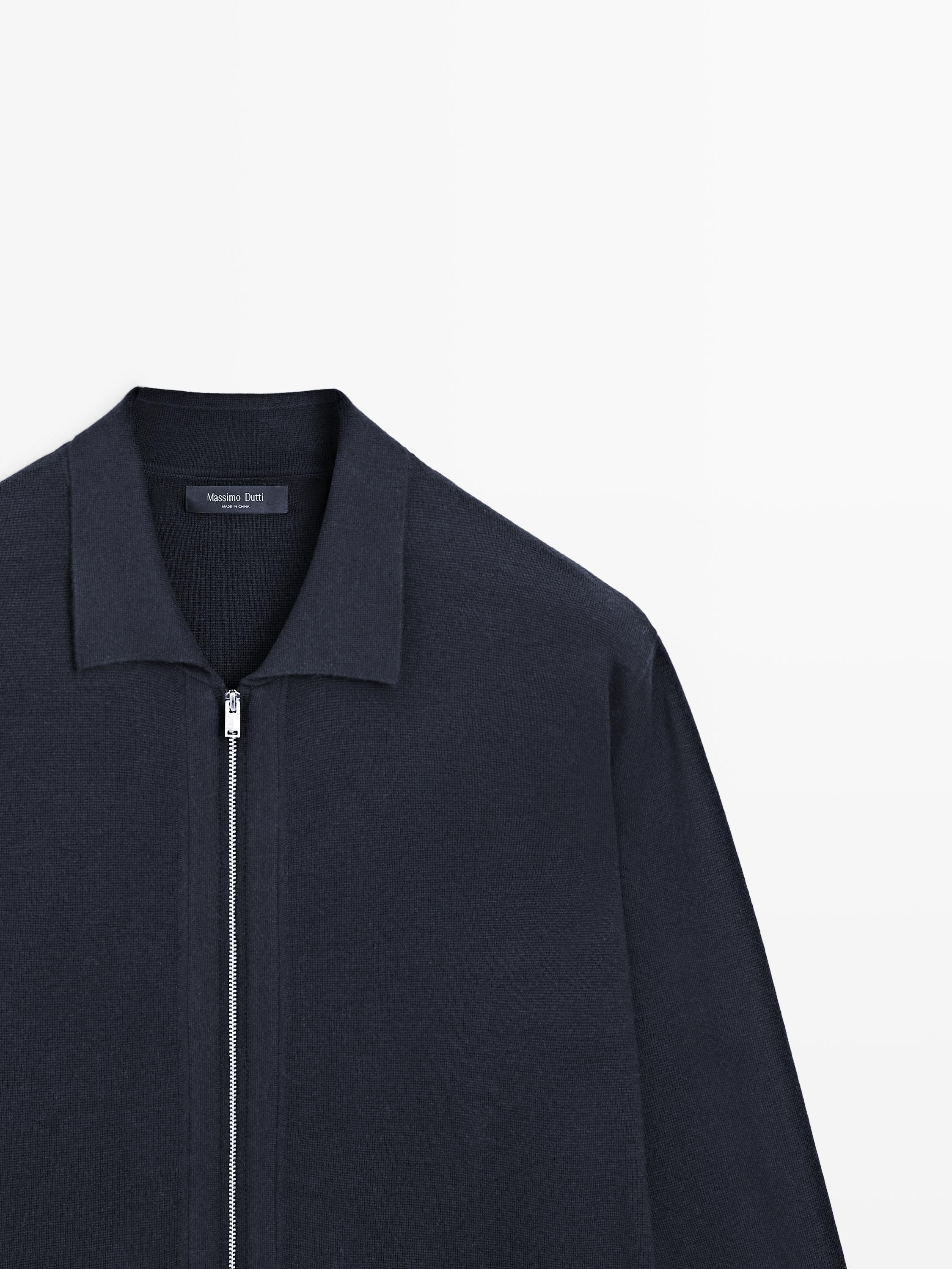 Zip-up knit cotton and wool blend cardigan with pockets